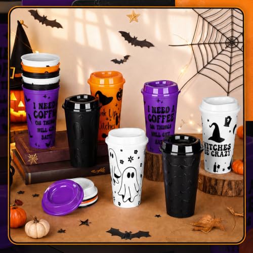 Halloween Witch Themed Coffee Cups - 16 oz, 12 Pack with Lids - Ghost Variation