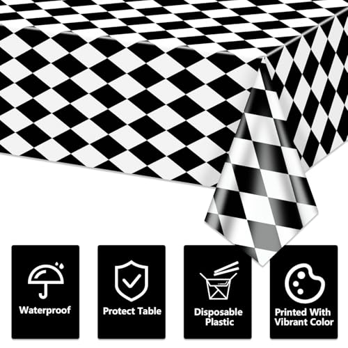 86x51 Inch Black and White Checkered Plastic Tablecloth - Racing & Halloween Theme - 4 Pack