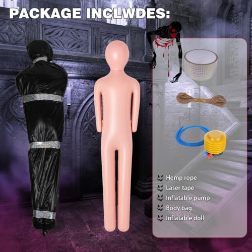 Black 5ft Hanging Corpse Dummy Prop for Halloween Decorations - Creepy Crime Scene Inflatable Body with Accessories