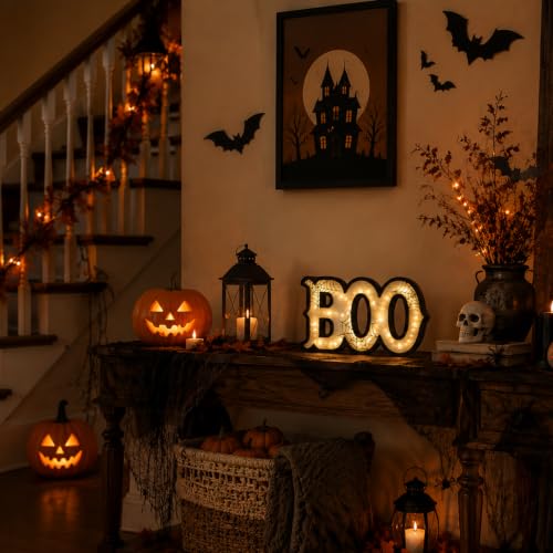 Light Up Halloween BOO Sign with Spiderweb Pattern - Wooden Indoor Decor