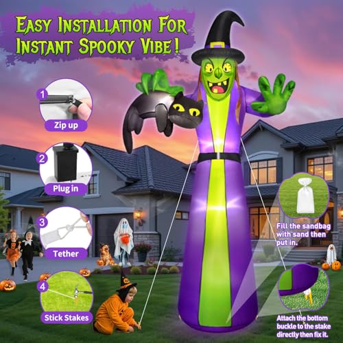 Giant Halloween Inflatable Witch with Black Cat - 12FT Outdoor Yard Decor with LEDs & Blower