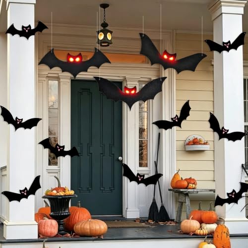 Lighted Halloween Hanging Bats - 9 Black Flying Bats + 3 LED Lighted Bats Outdoor Indoor Decor