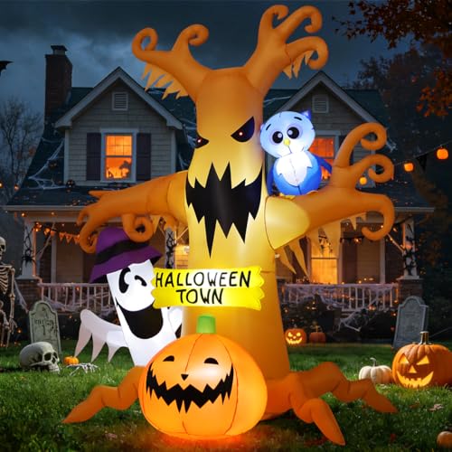 8 FT Halloween Inflatable Dead Tree Decoration with Owl Ghosts Pumpkins & LED Lights - Movable
