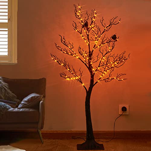 Lighted Halloween Tree with 150 Orange Fairy Lights, 4FT Spooky Black Indoor Outdoor Decor