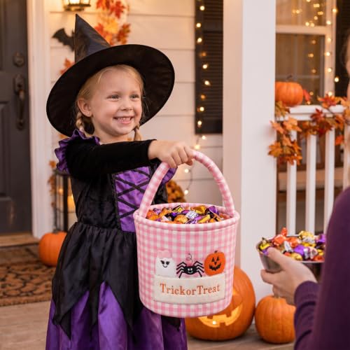 Pink Trick or Treat Halloween Candy Basket with Bow - Kids Gingham Tote