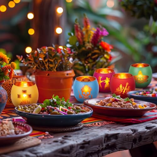 Day of the Dead Candle Holders Set - Vibrant Glass Decor for Festive Celebrations
