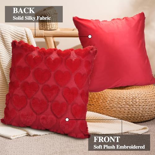 Valentine's Pillow Covers Set of 2 - 18x18 Inch Red Heart Plush Decor for Sofa Couch Bed