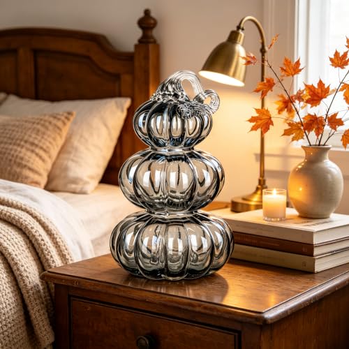 Black Large Stacked Glass Pumpkin Decor - Fall Halloween Centerpiece