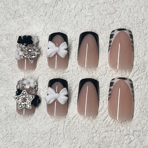 Press On Nails Short Square with Bow Charms and Zebra Print - 24 Pack