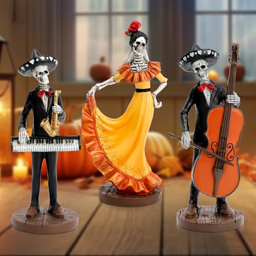 Day of the Dead Skeleton Figurines Set of 3 - Mariachi Band Halloween Decor
