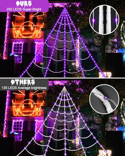 16.4Ft Halloween Spider Web Lights with 8 Modes & Purple LEDs - Waterproof Outdoor Decor with 48-Inch Spider