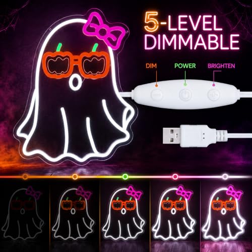 Ghost Pumpkin Glasses Neon Sign LED Light Halloween Wall Decor - Pink Bow Variation