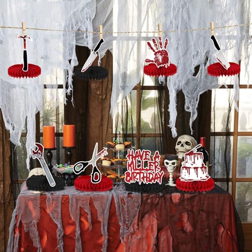 Halloween Horror Theme Honeycomb Centerpieces - Bloody Killer Birthday Party Decorations - 8 Pack