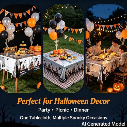 White Halloween Disposable Tablecloth 54x72 Inch with Castle & Ghost Pattern - 2 Pack