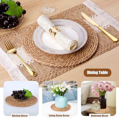 Natural Woven Placemats Set of 4 - 12 Inch Round Boho Rattan Water Hyacinth