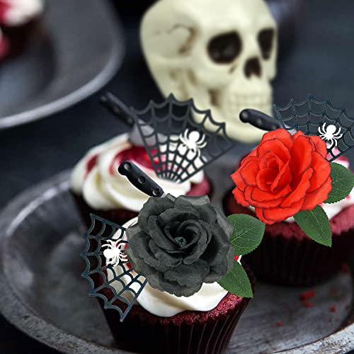 Halloween Cake Toppers Ghost Skeleton Web Rose Decorations - Red
