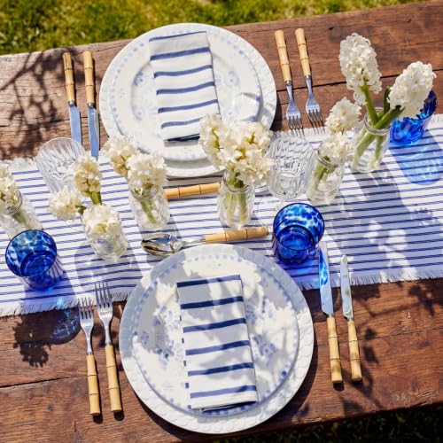 Blue Striped Table Runner 71x12 Inch Rustic Fringe Cotton Linen Decor