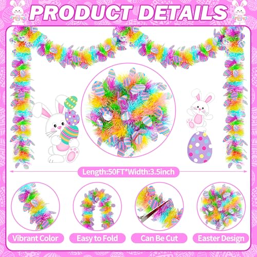 50FT Easter Tinsel Garland with Confetti Streamers - Spring Green, Purple, Yellow, Blue, Green, Pink Variations