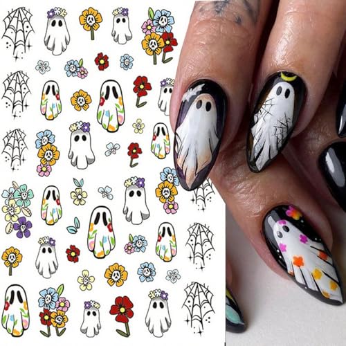 Halloween Nail Stickers Pumpkin Ghost Bat Web Skull Floral DIY Self-Adhesive Decor - Style 8