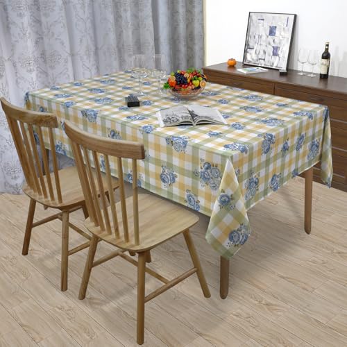 Green Beige Checkered Waterproof Tablecloth 60 x 84 Inch Rectangular Dining Cover