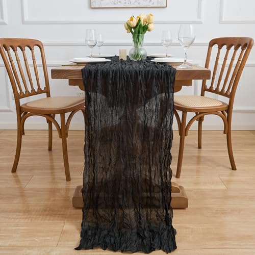 2 Pack Black Cheesecloth Table Runner 10FT for Halloween & Boho Decor