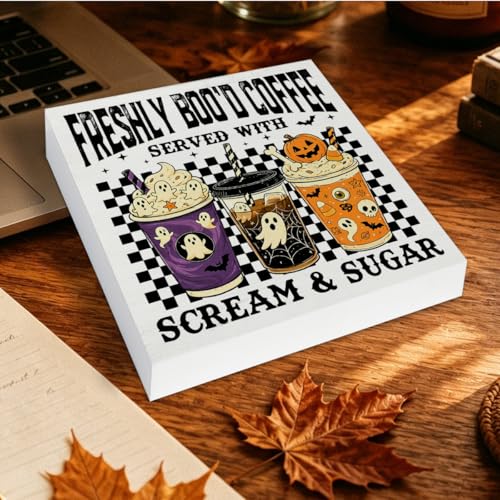 Halloween Ghost Wooden Sign - Spooky Coffee Decor for Home & Cafe 5x5 Inches