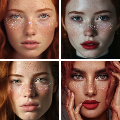 8PCS Glitter Freckles Face Tattoos - Holographic Multicolor Rave Makeup Accessories
