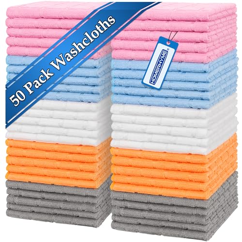 Microfiber Washcloths 50 Pack - Soft, Quick Dry, Multi-Purpose Face Towels - Multicolor