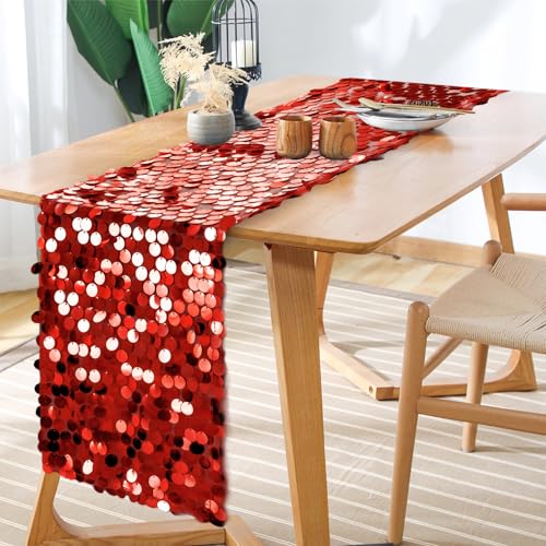 Red Sequin Table Runner Set - 3 Pack 12x108 Inch Glitter Rectangle Table Decor for Weddings Parties Holidays
