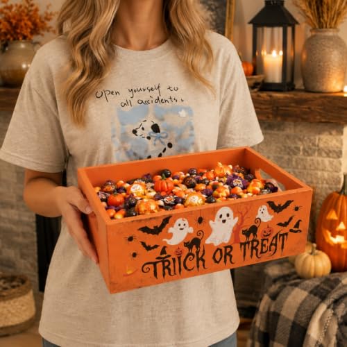 Halloween Candy Bowl Trick or Treat Holder Wooden Double Sided Decor