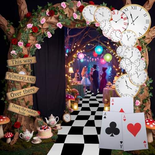 Wonderland Tea Party Decoration Set - 22 Pcs Birthday & Photo Backdrop with Clock Curtain & Rose Vines - Fresh