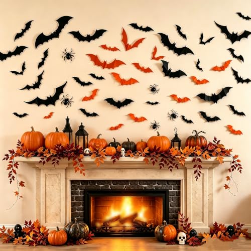 Halloween Wall Stickers - 64PCS 3D Bats & Spiders Reusable Waterproof Decals - Color 1