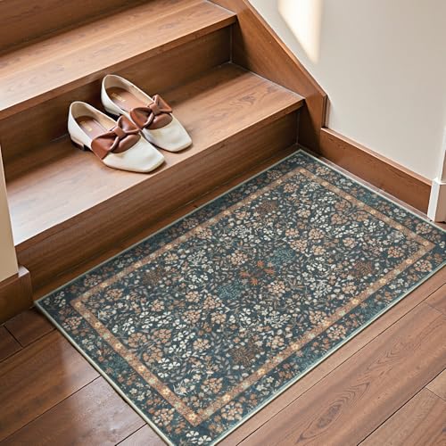 2x3 Washable Entryway Rug - Floral Non-Slip Dark Blue