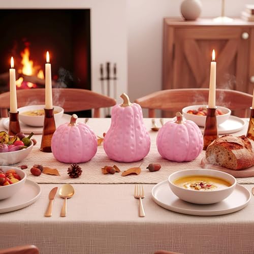 Pink Fall Pumpkin Decor Set - 3 Resin Halloween Autumn Figurines