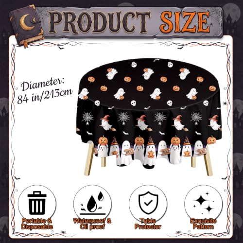Halloween Round Tablecloth 84 Inch Ghost Pattern - 3 Pack Fall Plastic Cover for Parties