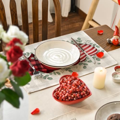 Rectangular Buffalo Plaid Eucalyptus Hearts Valentine Placemats Set of 4 - 12x18 Inch Holiday Table Decor