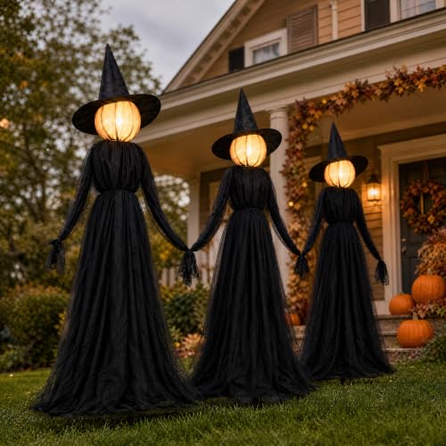 Hourleey Halloween Witch Stakes Outdoor Decorations - Lighted 5FT Set of 3 with 8 Light Modes