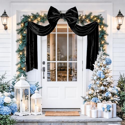 Black Velvet Christmas Bow Topper - Large 16x71 Inch Holiday Decor, Wreath & Door Accent, Reusable