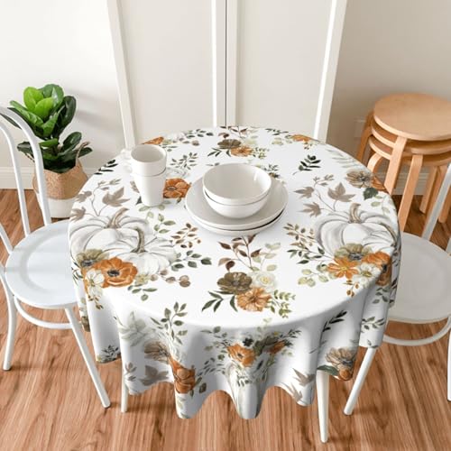 Round Fall Tablecloth 60-Inch Grey Pumpkins & Leaves - Watercolor Autumn Cover