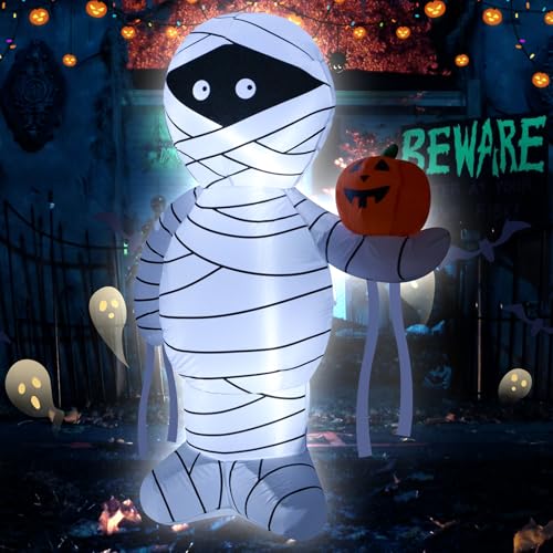 4FT Inflatable Mummy Halloween Decoration with LED Lights & Pumpkin - Outdoor Indoor Decor