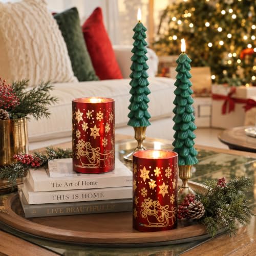 Flameless Christmas Candles Set with Remote - Red & Green LED Tree & Glass Decor