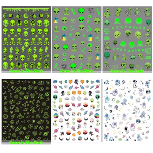 Glow in the Dark Alien Nail Art Stickers - ET UFO Space Manicure Decals, 6 Sheets