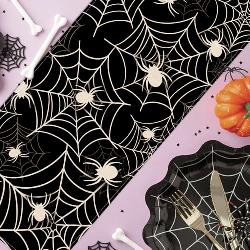Halloween Spider Web Table Runner - Black White Cobweb Design, 13''x48'' - Seasonal Dining Decor