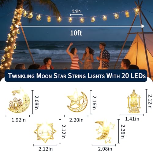 Moon Star String Lights 10FT 20 LED Fairy Lights Ramadan & Christmas Decor - Battery & USB Powered with 2 Modes Waterproof