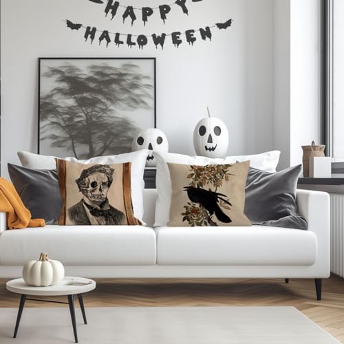 Gothic Halloween Crow Throw Pillow Cover 18x18 Inch Raven Decor