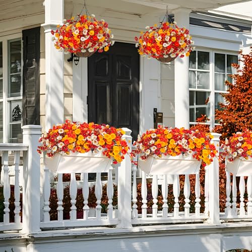 Artificial Hanging Flower Basket - Deep Autumn Faux Petunias, UV Resistant Outdoor Decor