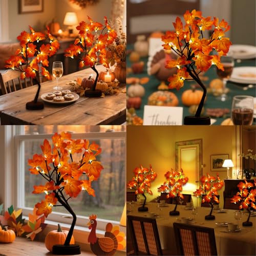 2 Pack 20-Inch Lighted Artificial Maple Trees for Fall & Thanksgiving Decor - Battery & USB Operated