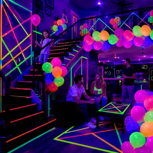 UV Neon Balloons & Gaffer Tape Set for Glow Party Decorations - 110 Pieces