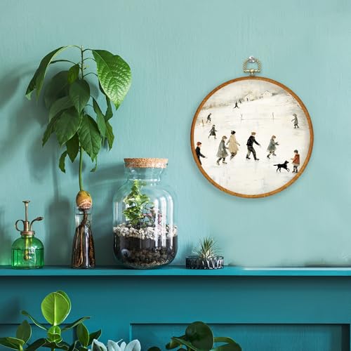 Winter Ice Skating Wall Art Decor - Round Canvas Framed for Home & Living Room