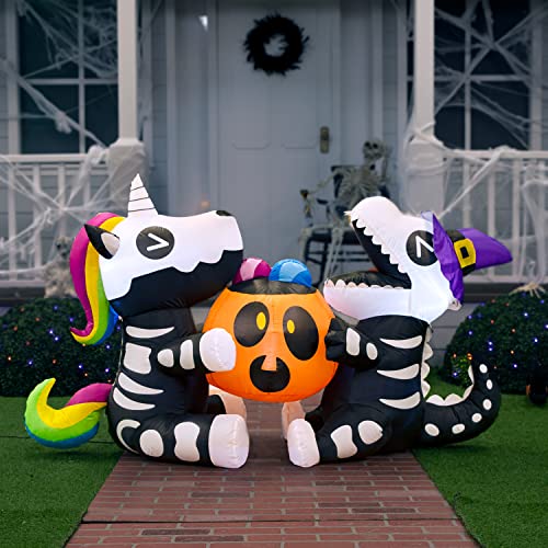6FT Halloween Inflatable Skeleton Unicorn & Dinosaur Yard Decor with LED Lights